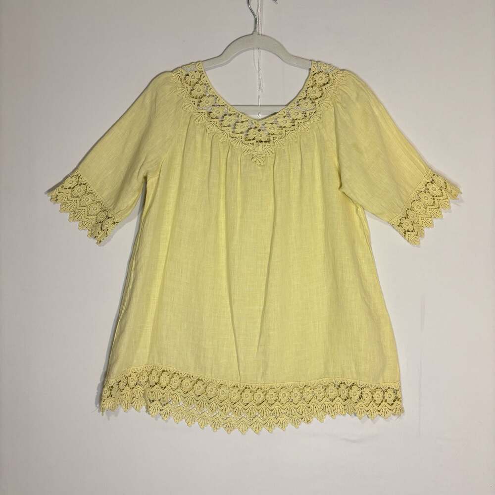 Piazza Roma Made in Italy Yellow Linen Crochet Lace Trim Peasant Top Blouse XS